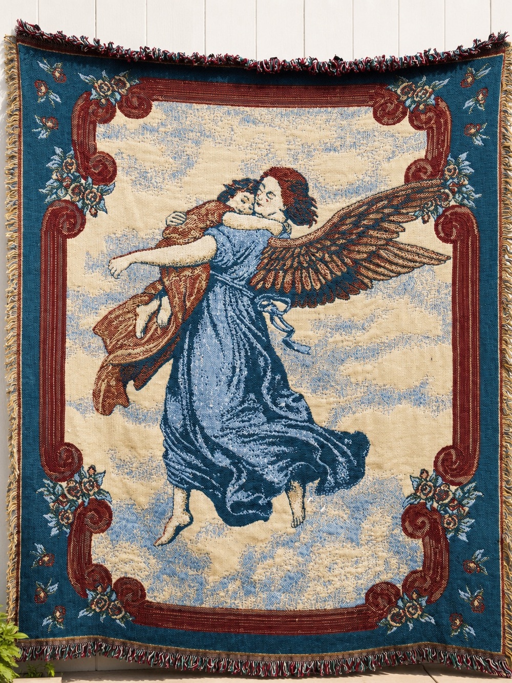 Decorative Angel Tapestry Wall Hanging in Teal and Red